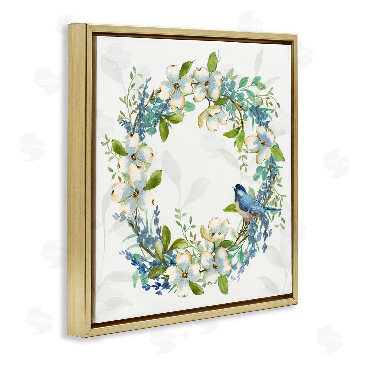 Nan Dogwood Wreath & Bluebirds Gold Floating Frame Canvas Wall Art Print