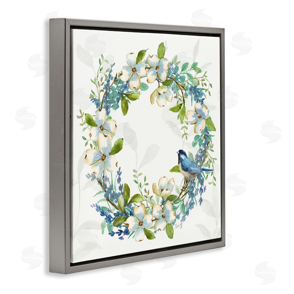 Nan Dogwood Wreath & Bluebirds Gray Floating Frame Canvas Wall Art Print