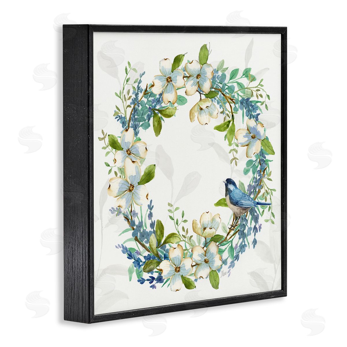 Nan Dogwood Wreath & Bluebirds Black Framed Giclee Wall Art Print