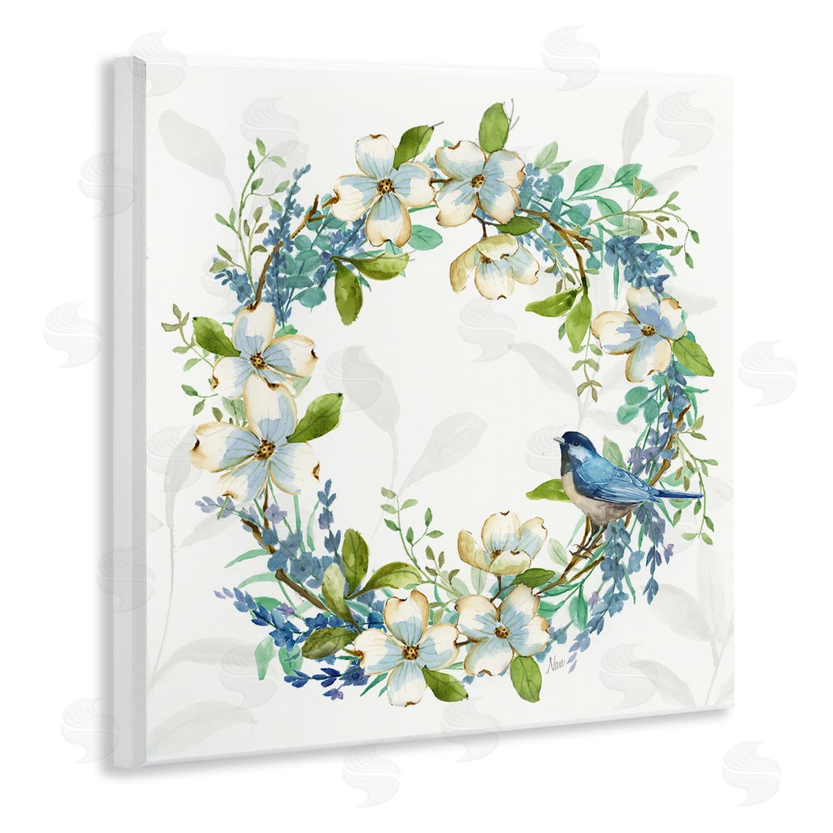 Nan Dogwood Wreath & Bluebirds Wooden Wall Plaque Art Print
