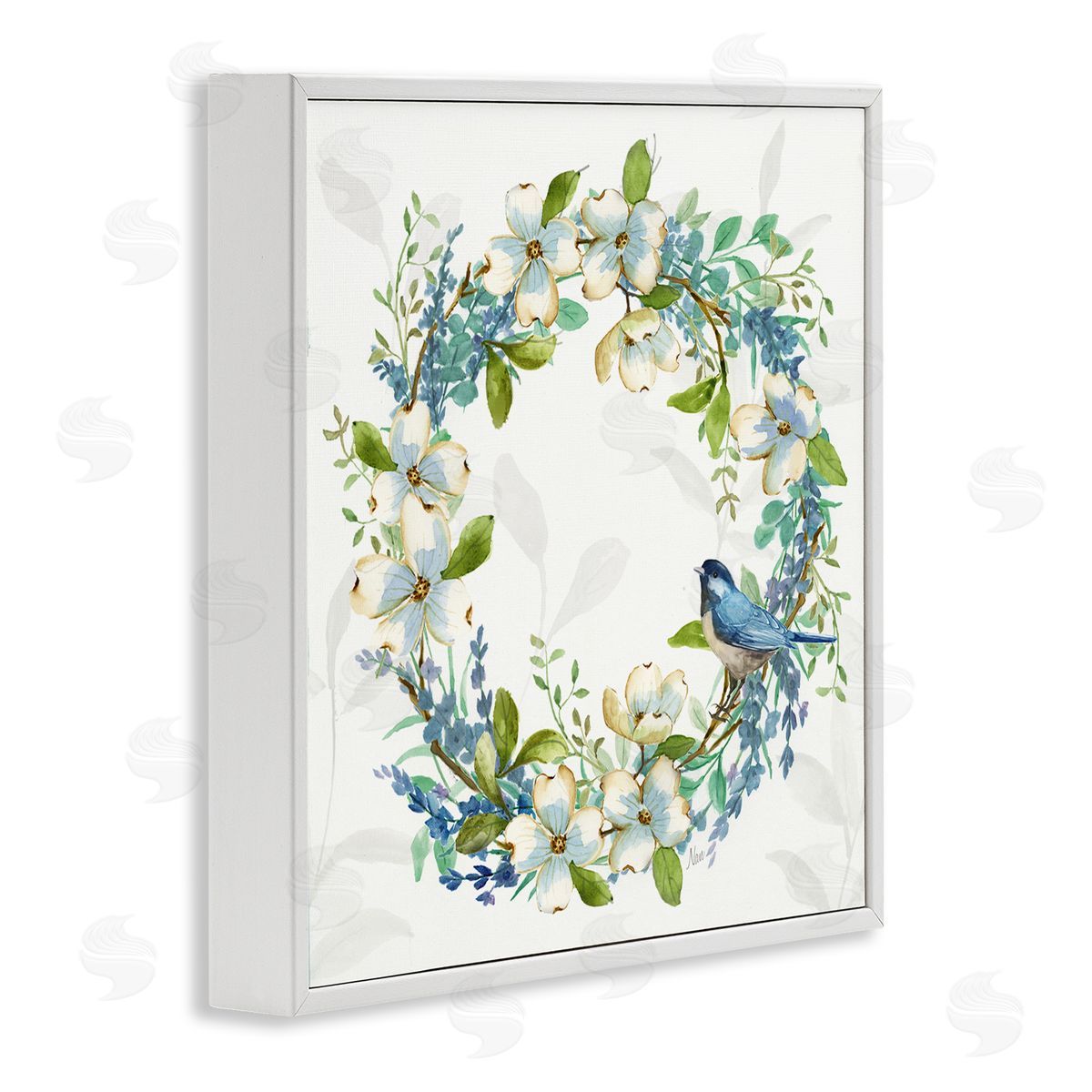 Nan Dogwood Wreath & Bluebirds White Framed Giclee Wall Art Print