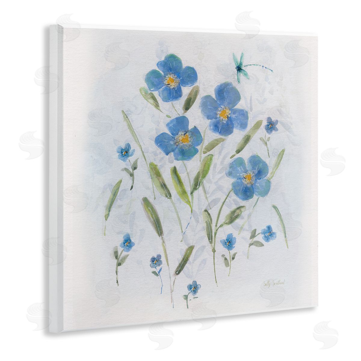 Sally Swatland Dragonfly & Blue Florals Wooden Wall Plaque Art Print