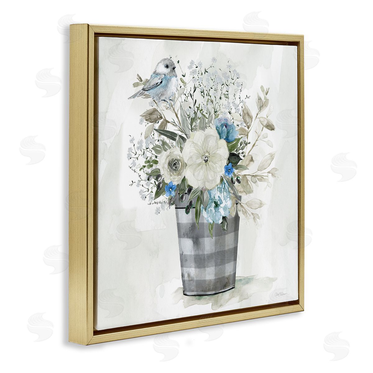 Carol Robinson Cottage Blooms Plaid Vase Gold Floating Frame Canvas Wall Art Print