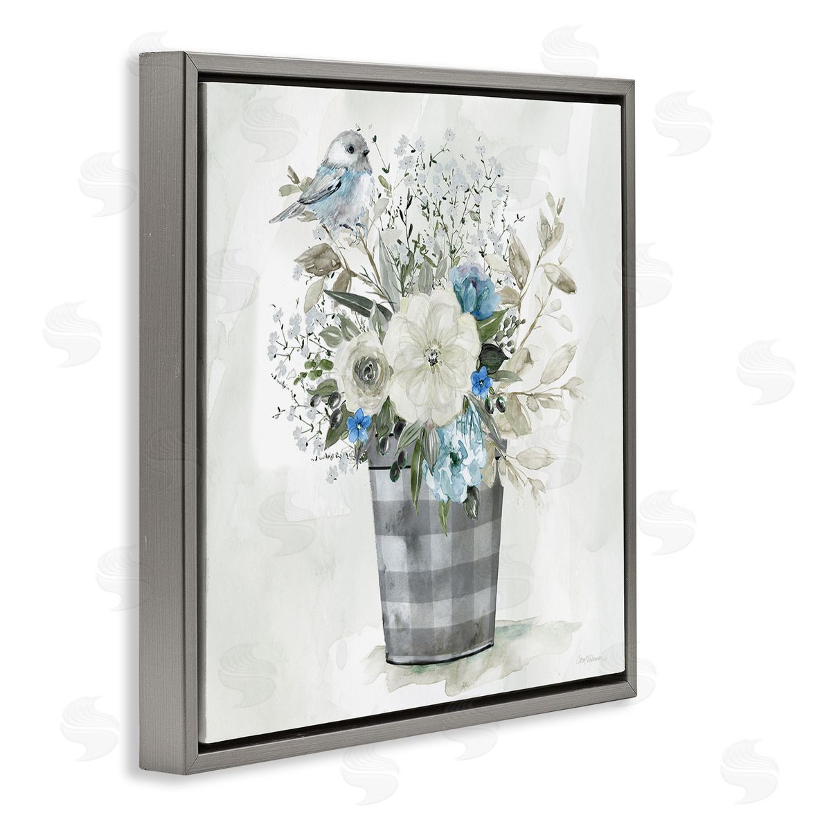 Carol Robinson Cottage Blooms Plaid Vase Gray Floating Frame Canvas Wall Art Print