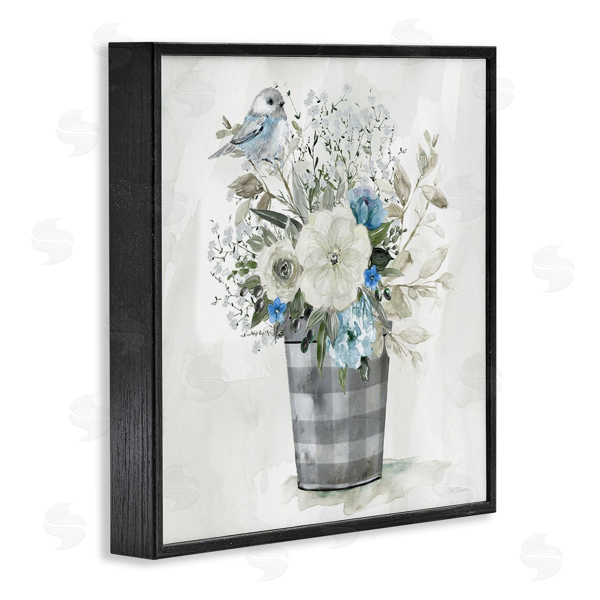 Carol Robinson Cottage Blooms Plaid Vase Black Framed Giclee Wall Art Print