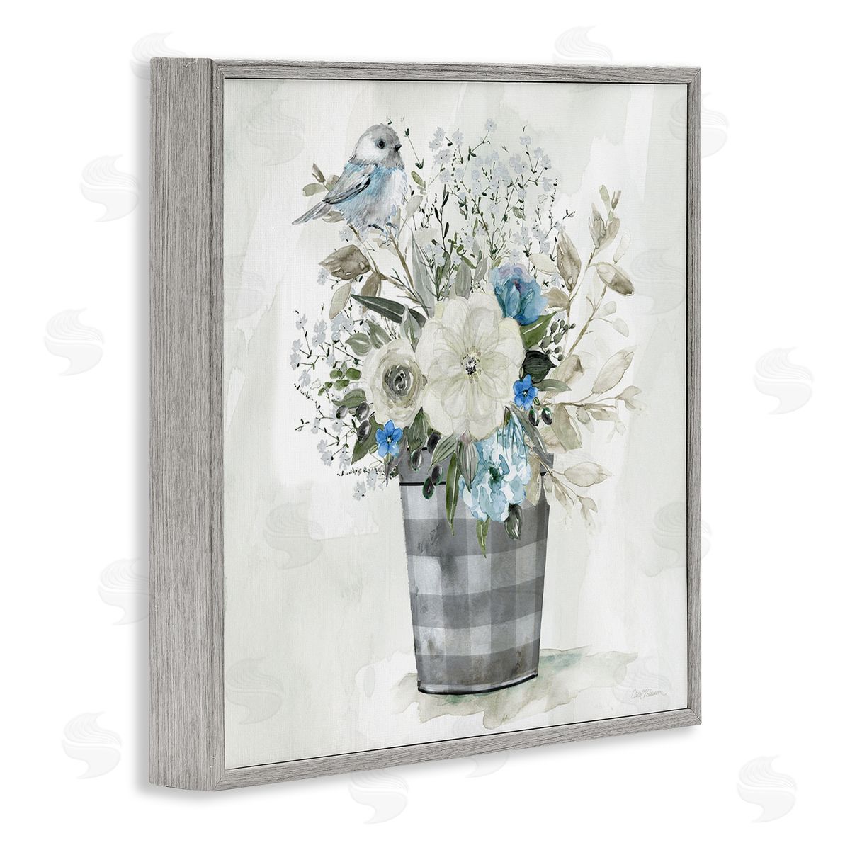 Carol Robinson Cottage Blooms Plaid Vase Gray Framed Giclee Wall Art Print