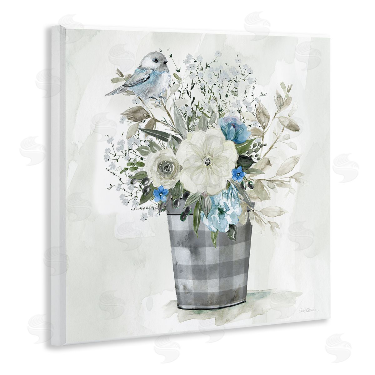 Carol Robinson Cottage Blooms Plaid Vase Wooden Wall Plaque Art Print