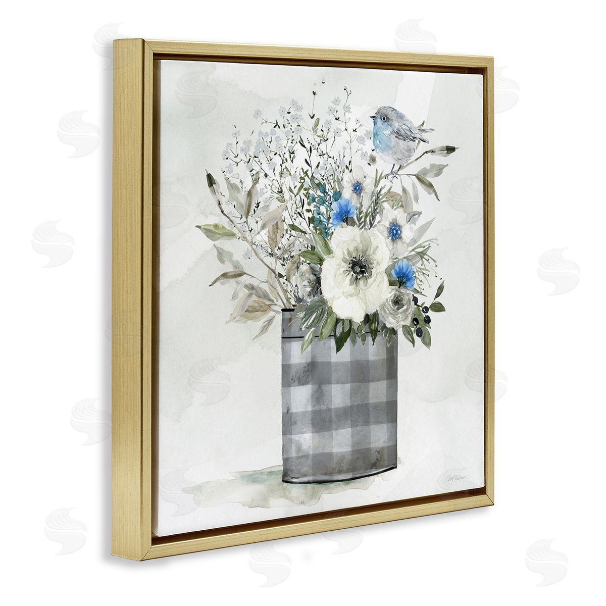 Carol Robinson Country Plaid Flower Vase Gold Floating Frame Canvas Wall Art Print