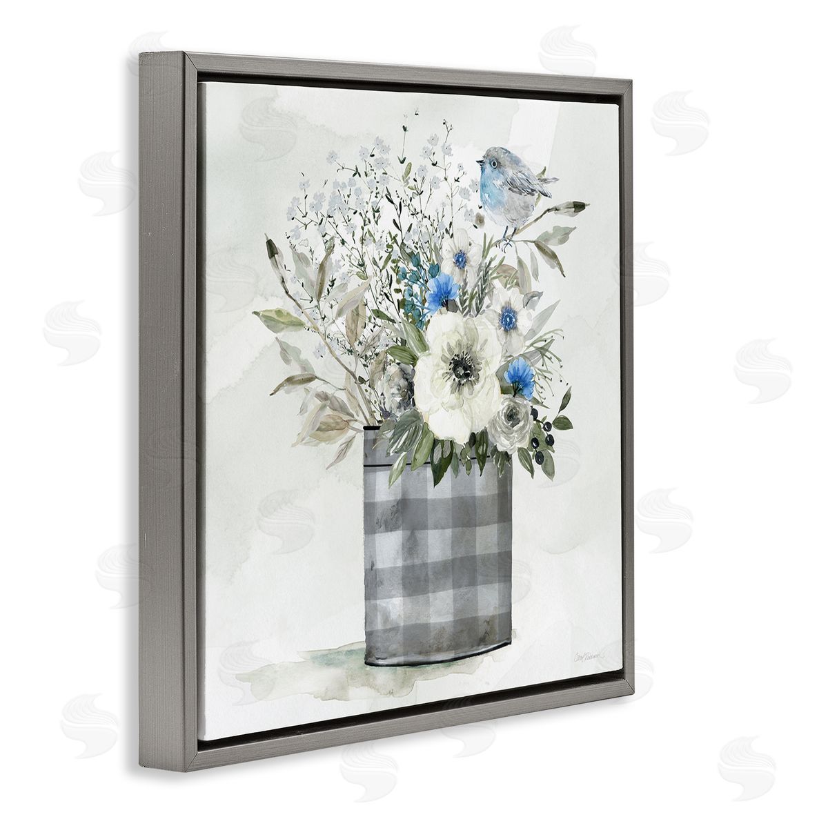 Carol Robinson Country Plaid Flower Vase Gray Floating Frame Canvas Wall Art Print