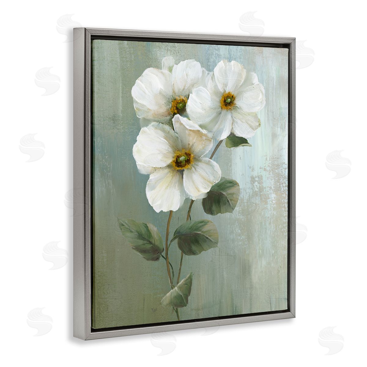 Nan Apple Blossom Sprigs Gray Floating Frame Canvas Wall Art Print