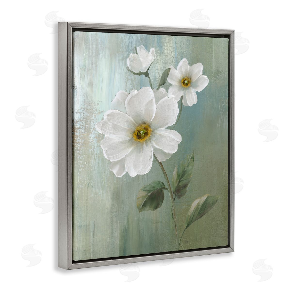 Nan Blooming White Blossoms Gray Floating Frame Canvas Wall Art Print
