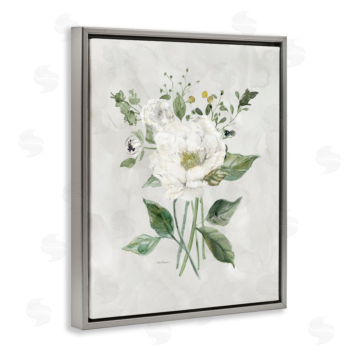 Carol Robinson Cottage White Flowers Gray Floating Frame Canvas Wall Art Print