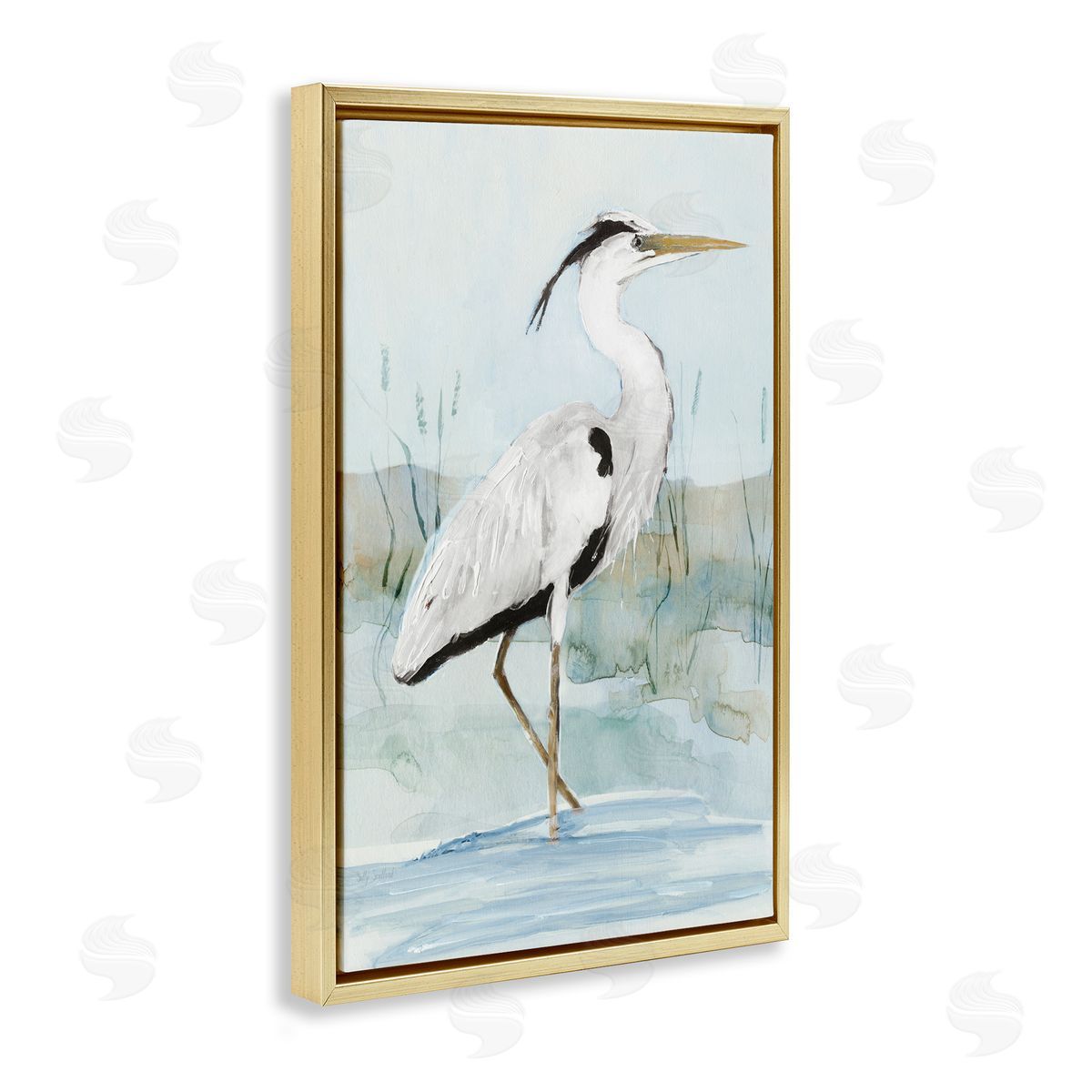 Sally Swatland Stepping White Egret Gold Floating Frame Canvas Wall Art Print