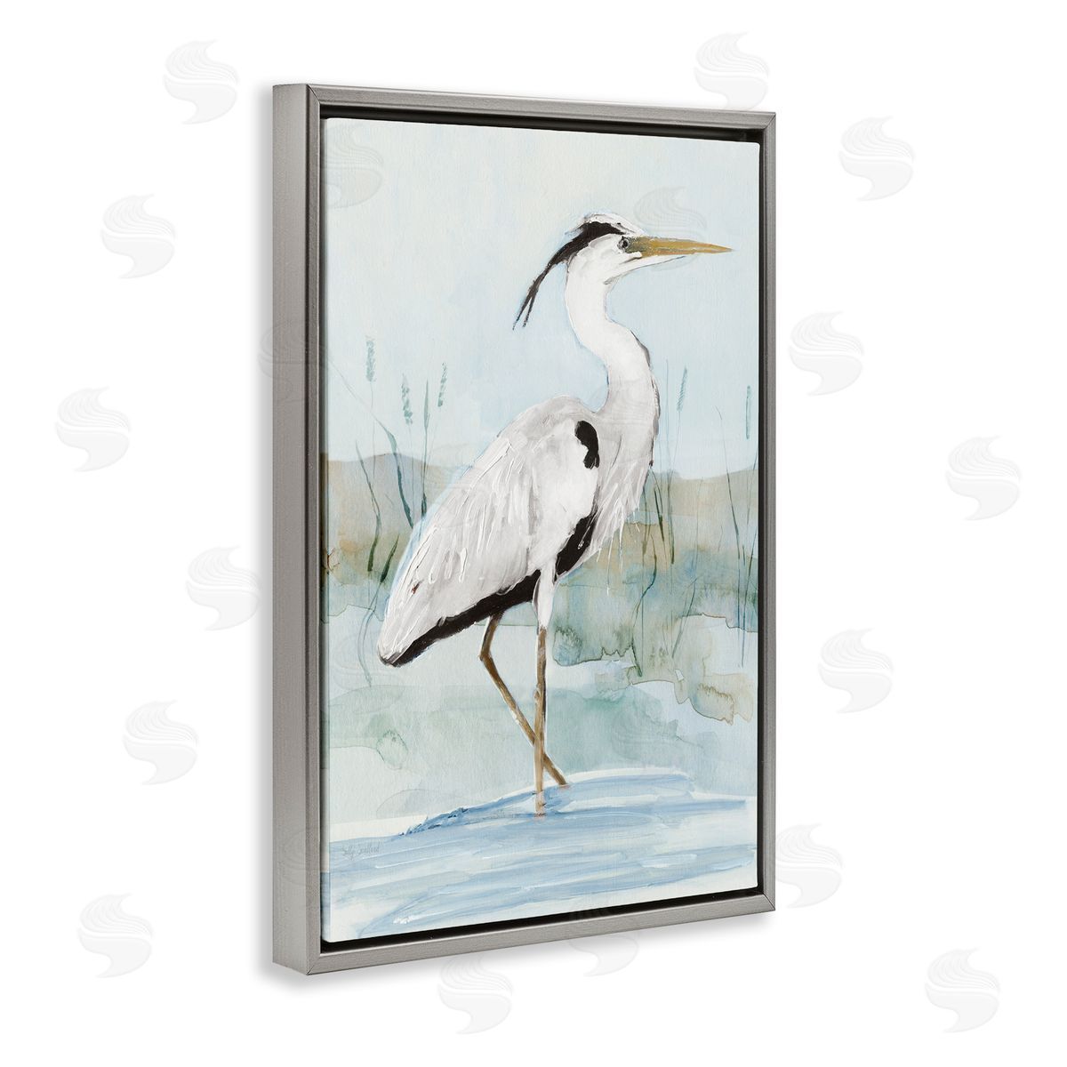 Sally Swatland Stepping White Egret Gray Floating Frame Canvas Wall Art Print