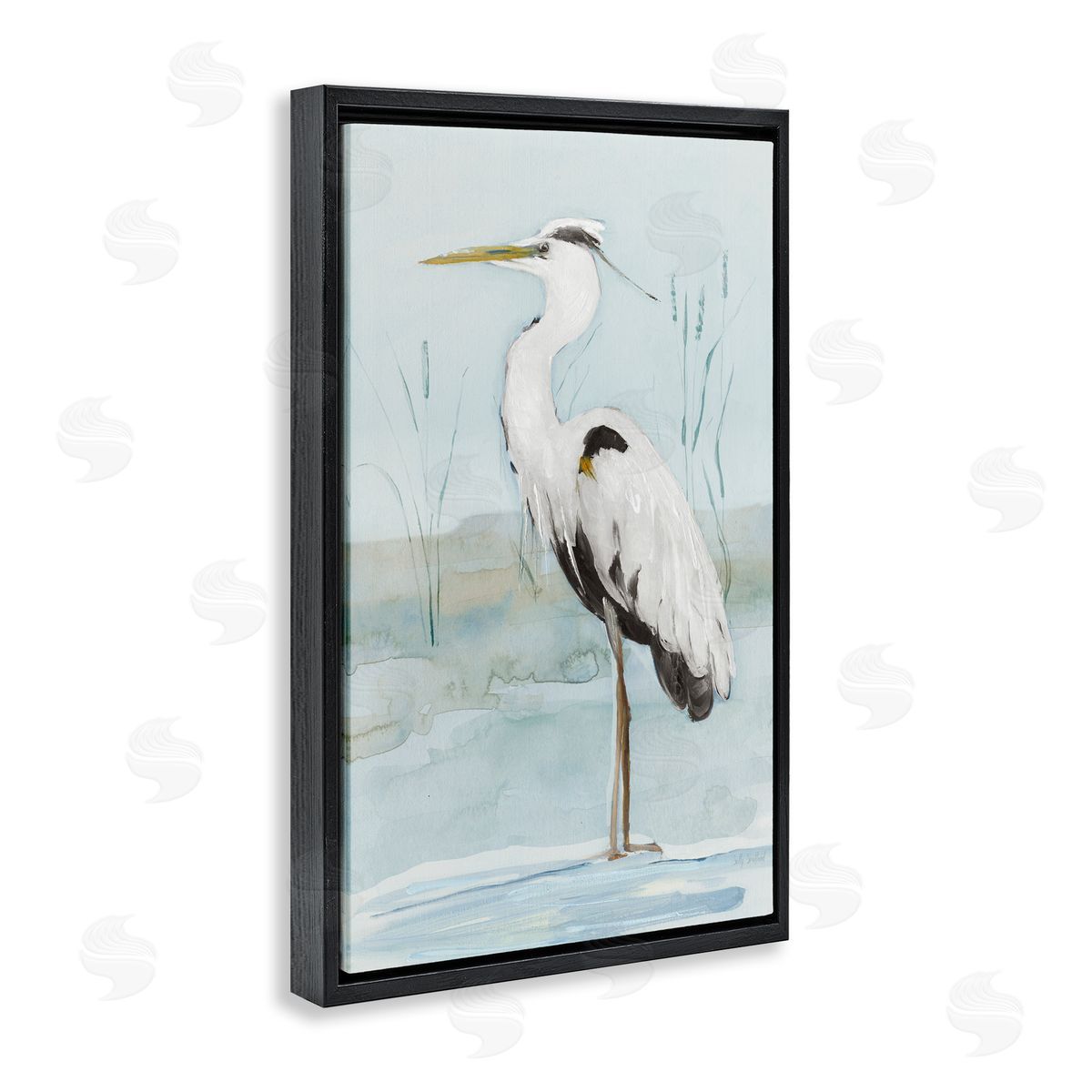 Sally Swatland Standing White Egret Black Floating Frame Canvas Wall Art Print