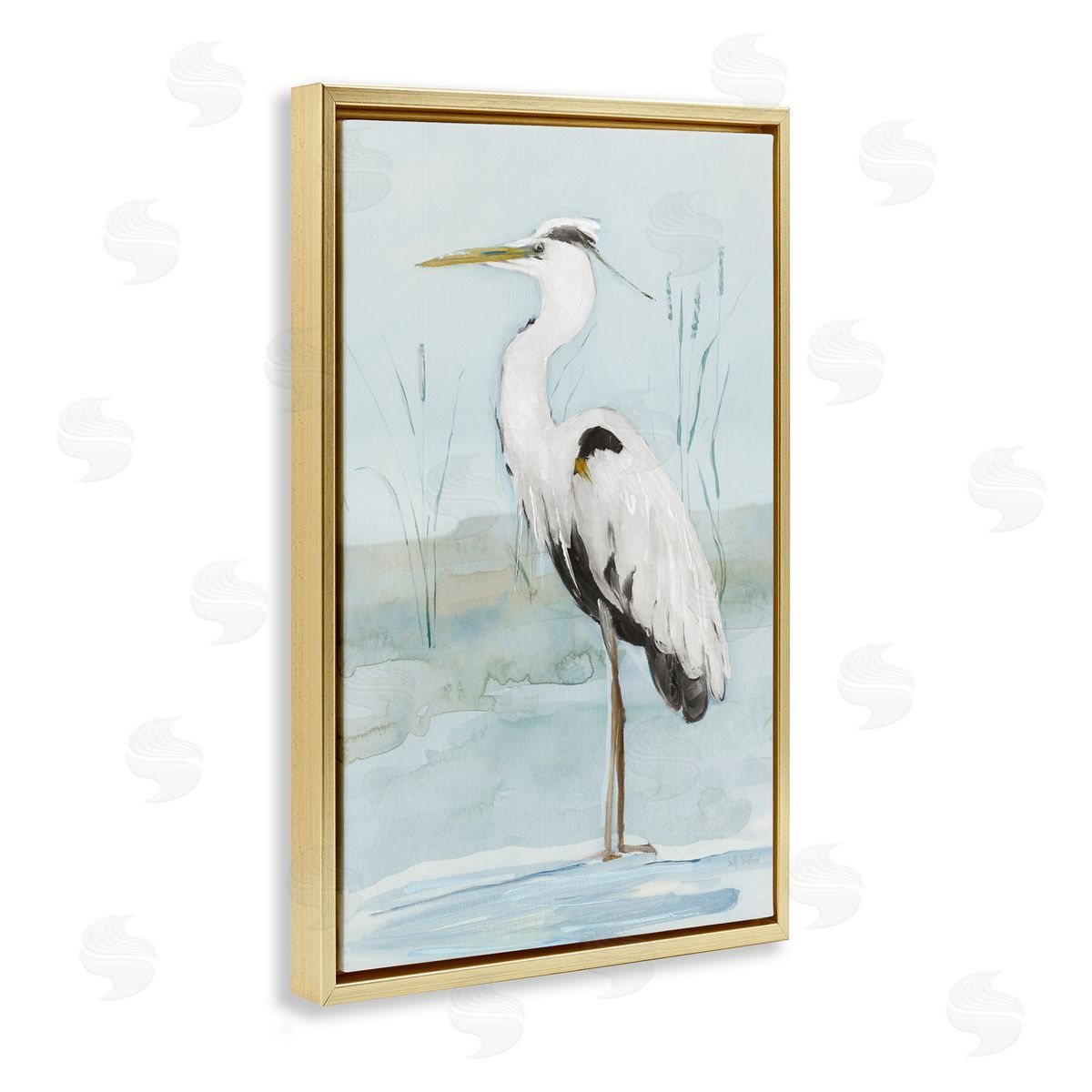 Sally Swatland Standing White Egret Gold Floating Frame Canvas Wall Art Print