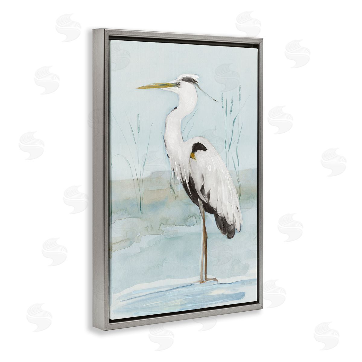 Sally Swatland Standing White Egret Gray Floating Frame Canvas Wall Art Print