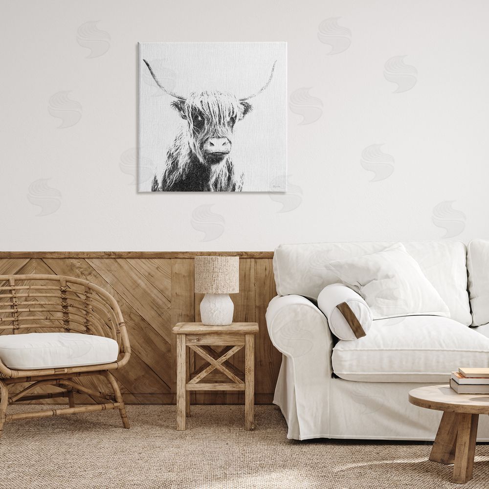 Katrina Craven Longhorn Sketch in Grey Canvas Wall Art Print in Room