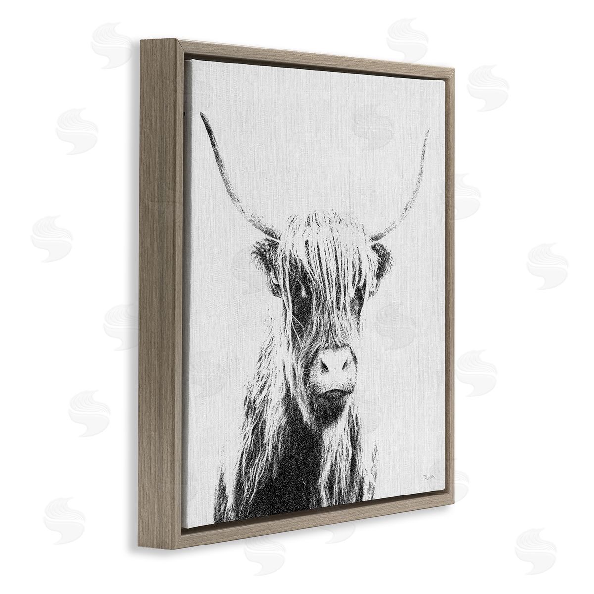Katrina Craven Longhorn Sketch in Grey Brown Floating Frame Canvas Wall Art Print
