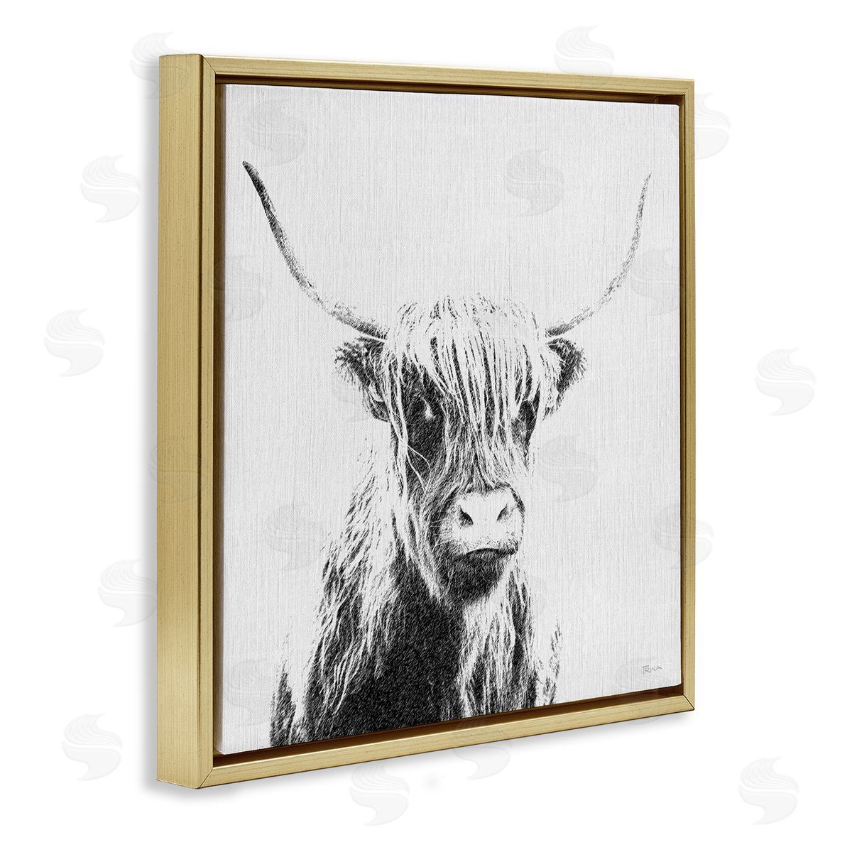 Katrina Craven Longhorn Sketch in Grey Gold Floating Frame Canvas Wall Art Print
