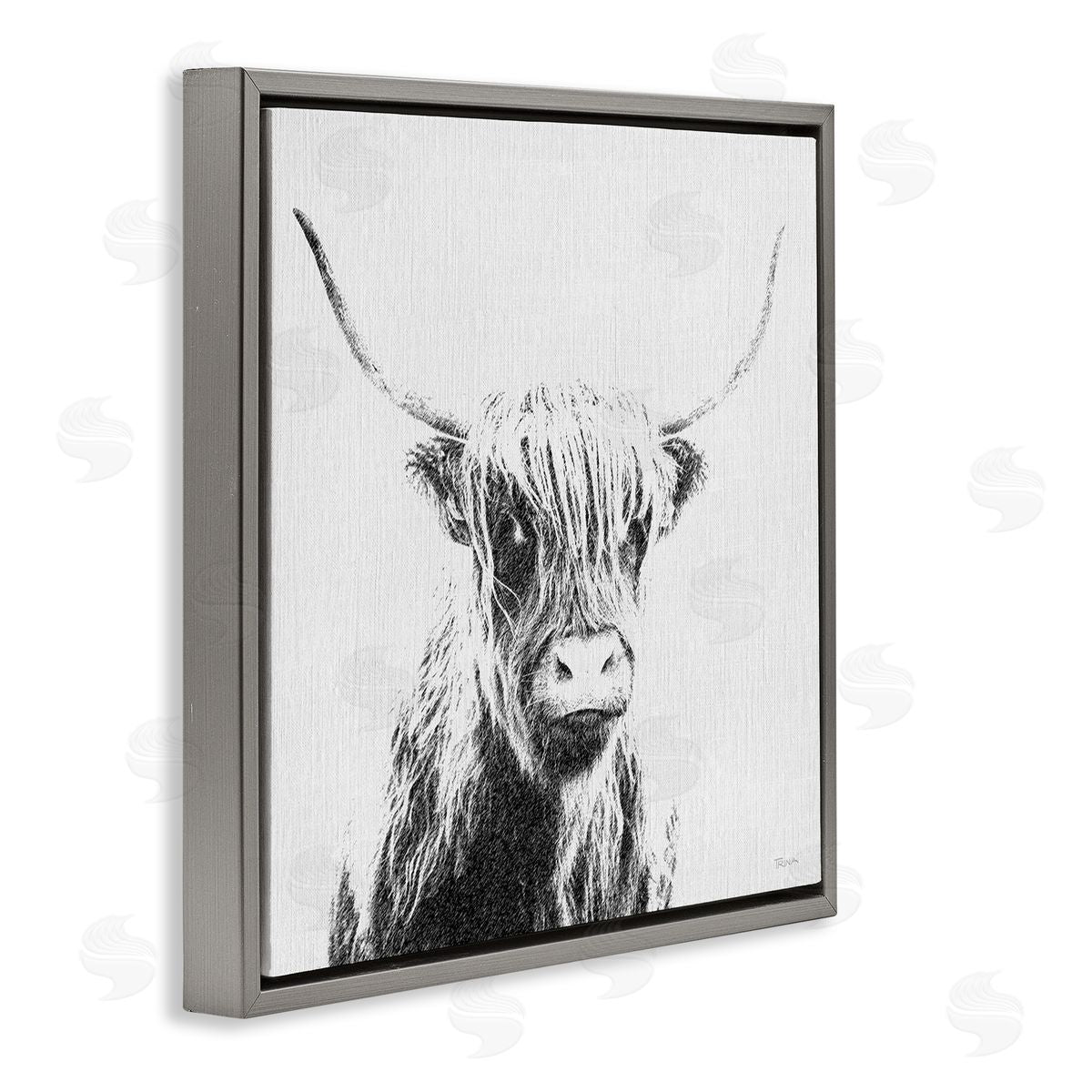 Katrina Craven Longhorn Sketch in Grey Gray Floating Frame Canvas Wall Art Print