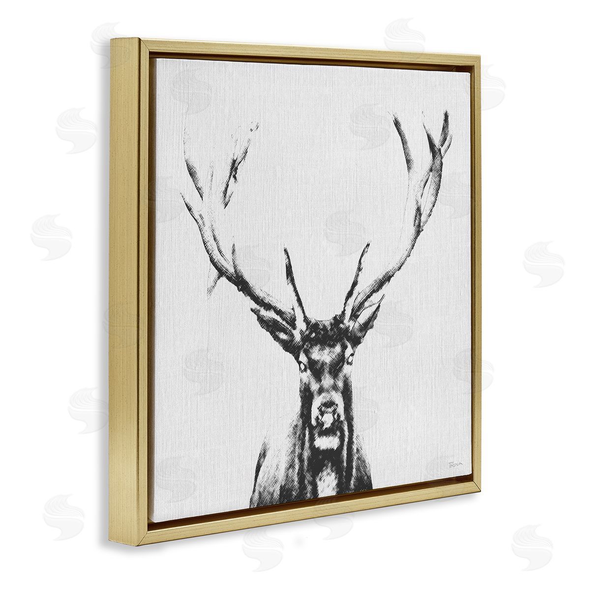 Katrina Craven Stag Sketch in Grey Gold Floating Frame Canvas Wall Art Print