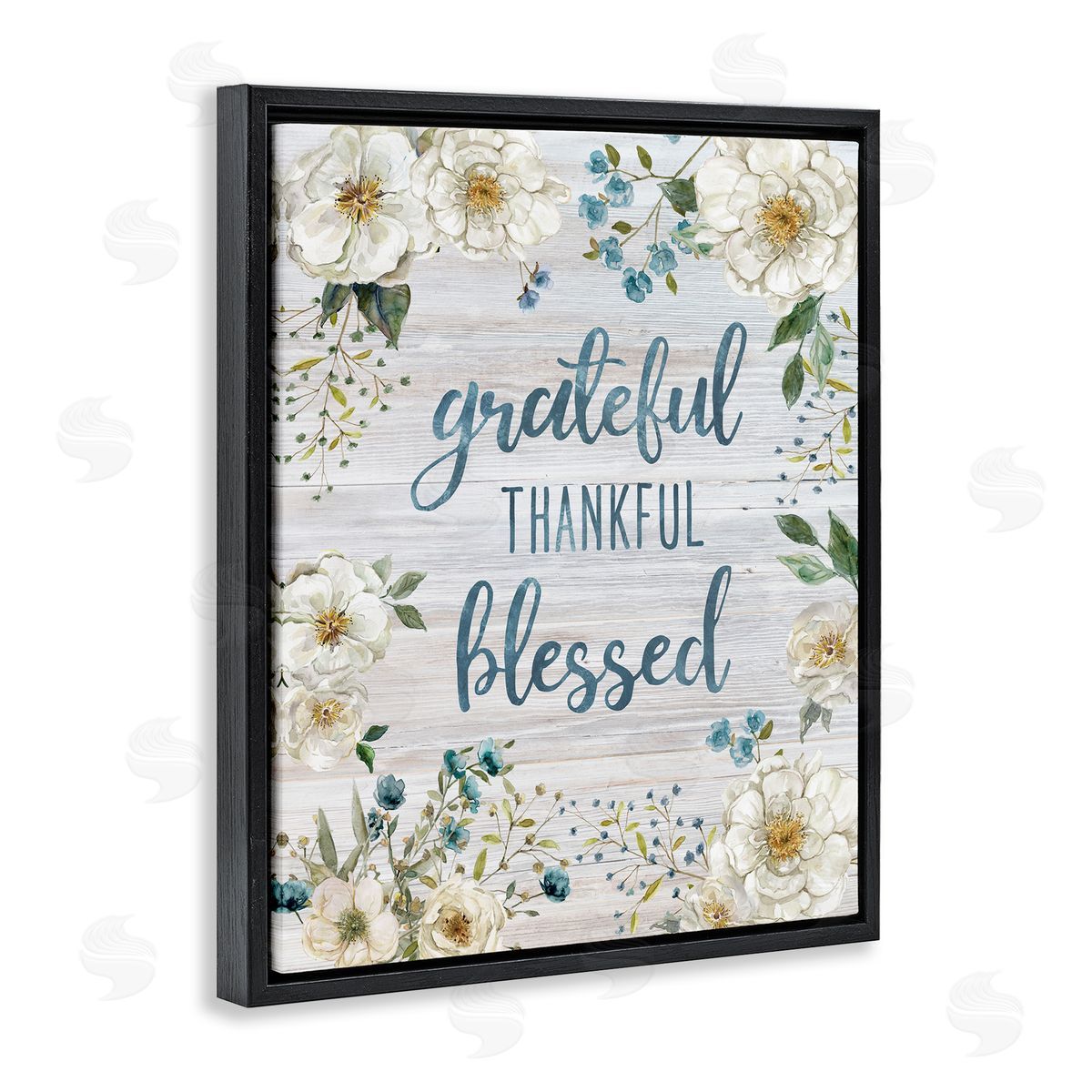 Carol Robinson Floral Gratitude Phrases Black Floating Frame Canvas Wall Art Print
