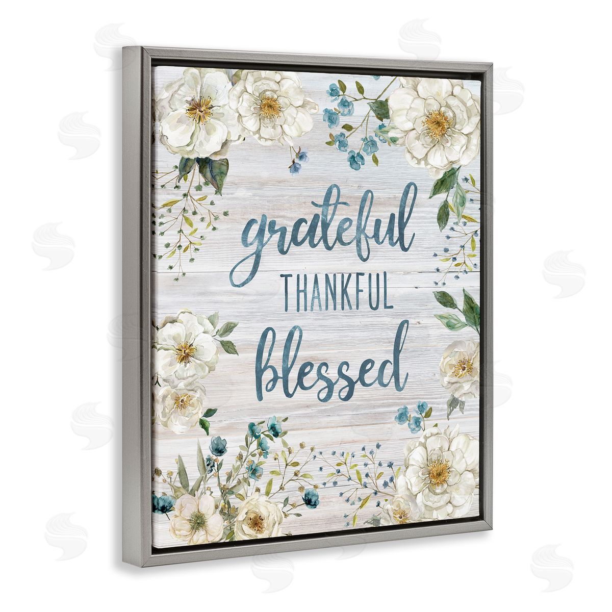 Carol Robinson Floral Gratitude Phrases Gray Floating Frame Canvas Wall Art Print