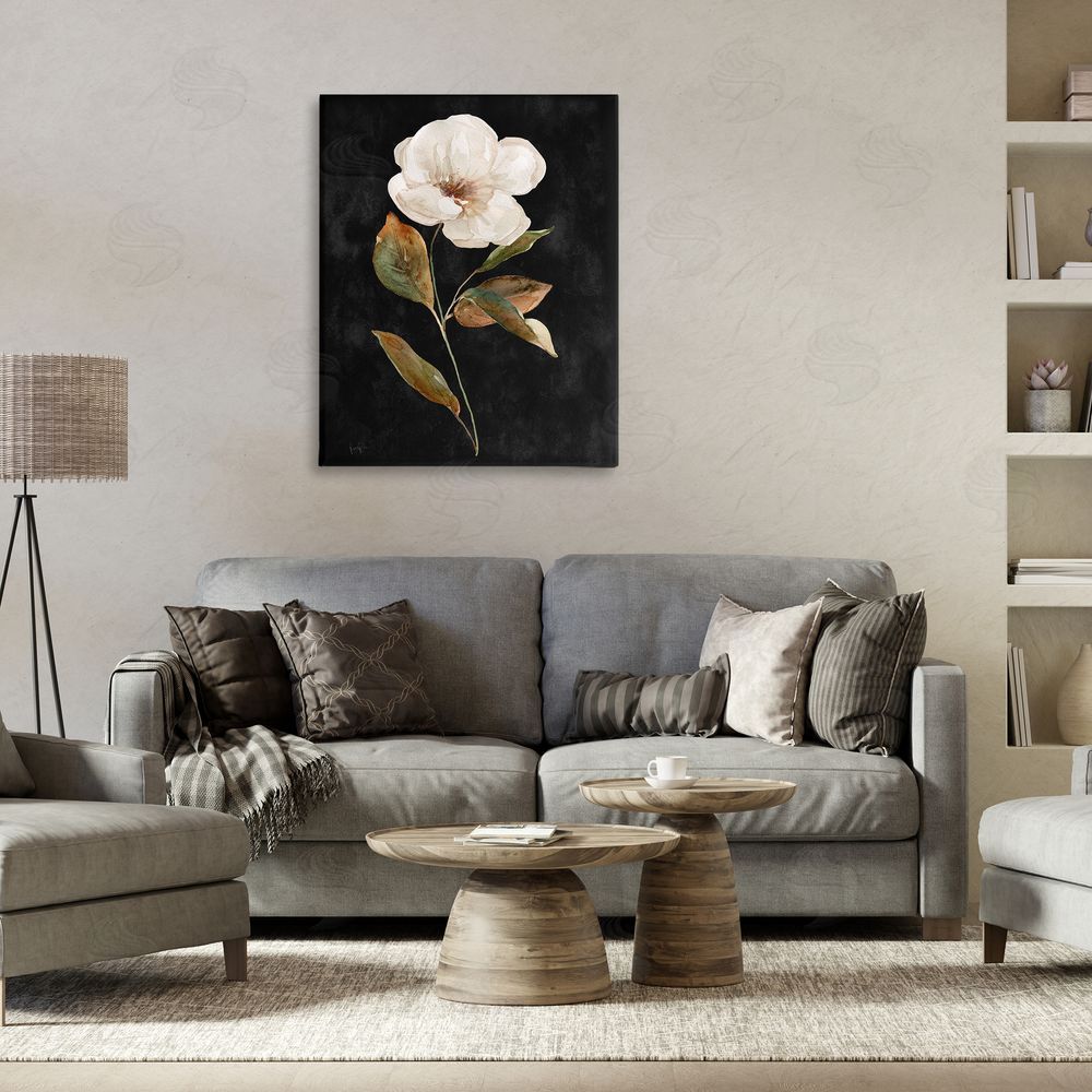Livi Finn White Bloom on Black Canvas Wall Art Print in Room