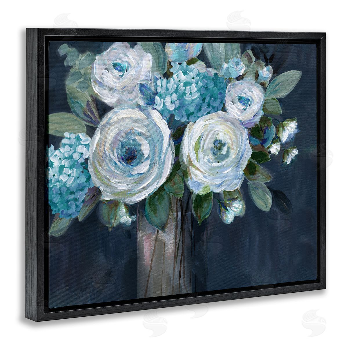 Nan Blue Mixed Bouquet Black Floating Frame Canvas Wall Art Print