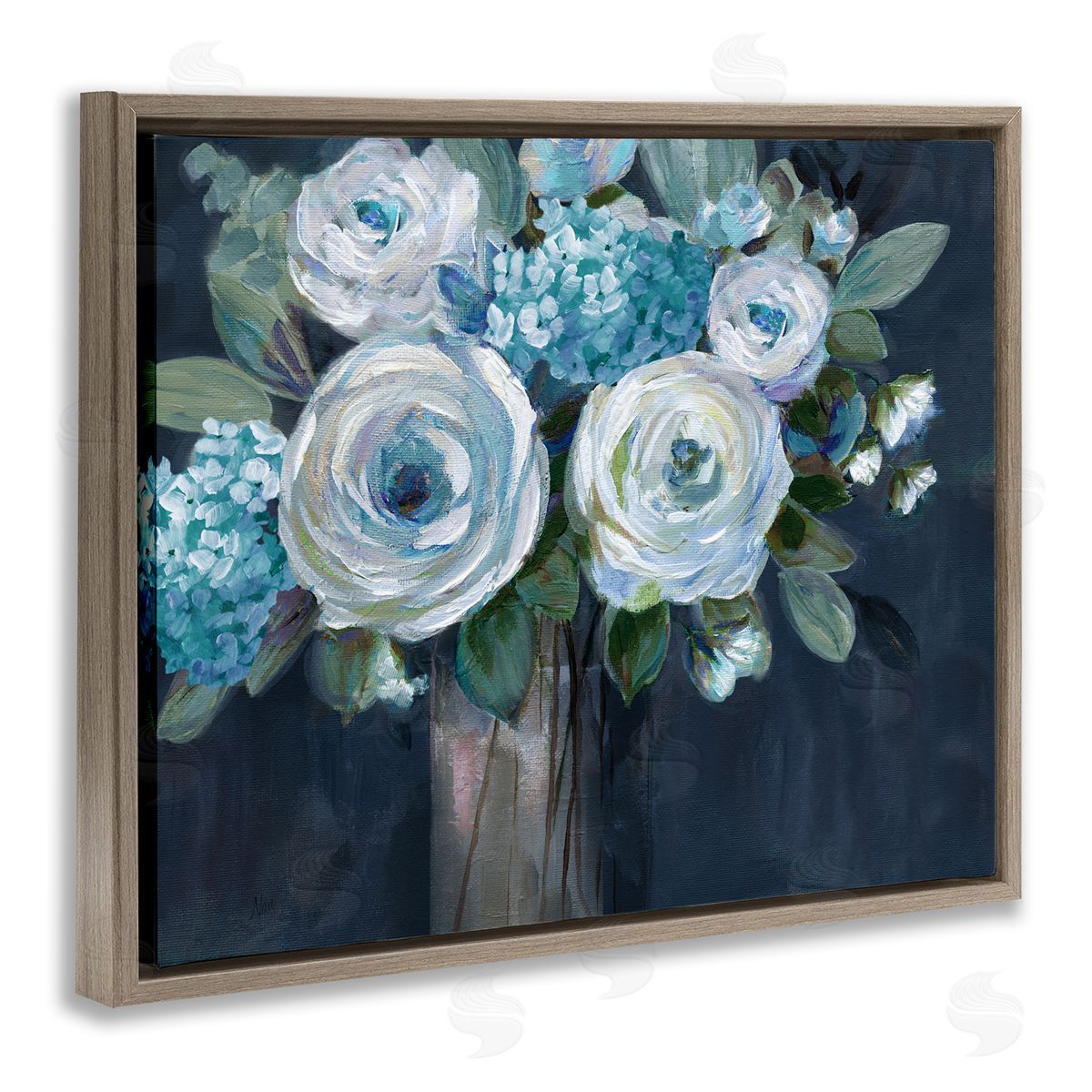 Nan Blue Mixed Bouquet Brown Floating Frame Canvas Wall Art Print