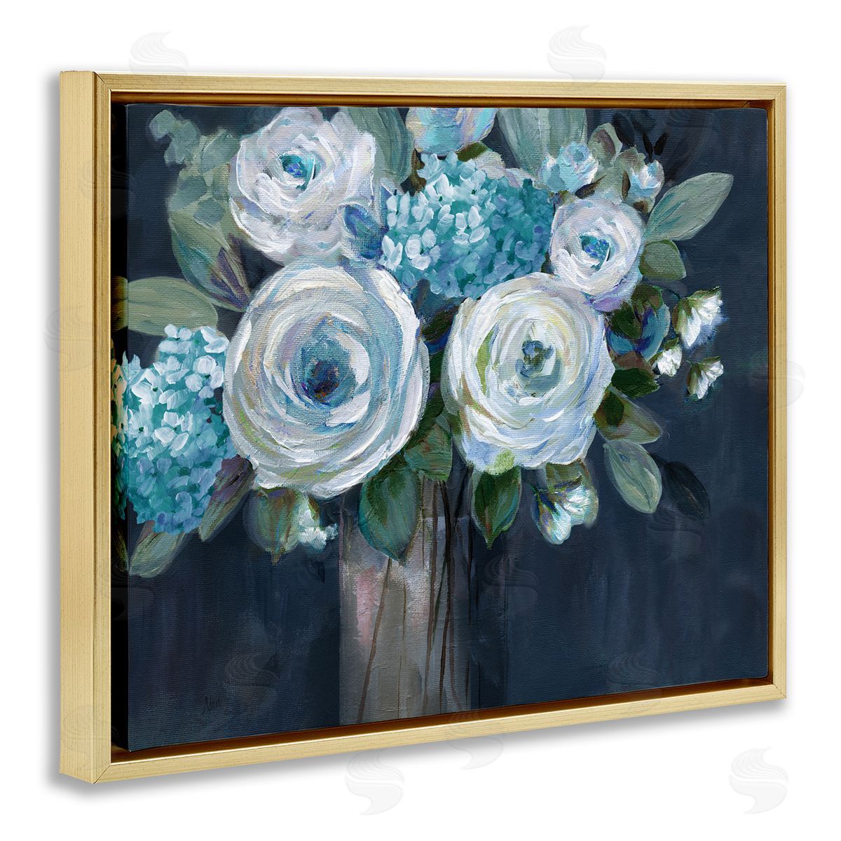 Nan Blue Mixed Bouquet Gold Floating Frame Canvas Wall Art Print