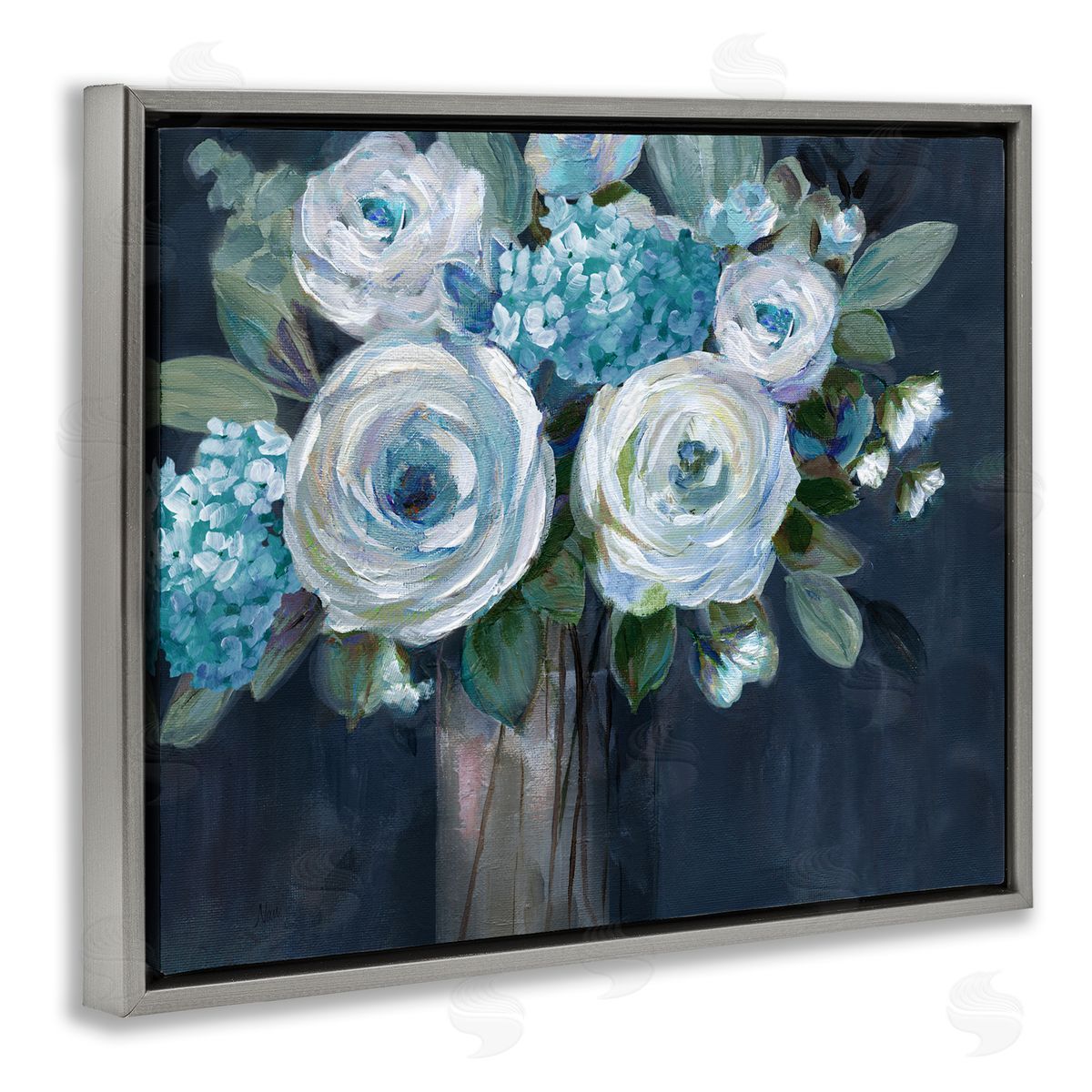 Nan Blue Mixed Bouquet Gray Floating Frame Canvas Wall Art Print