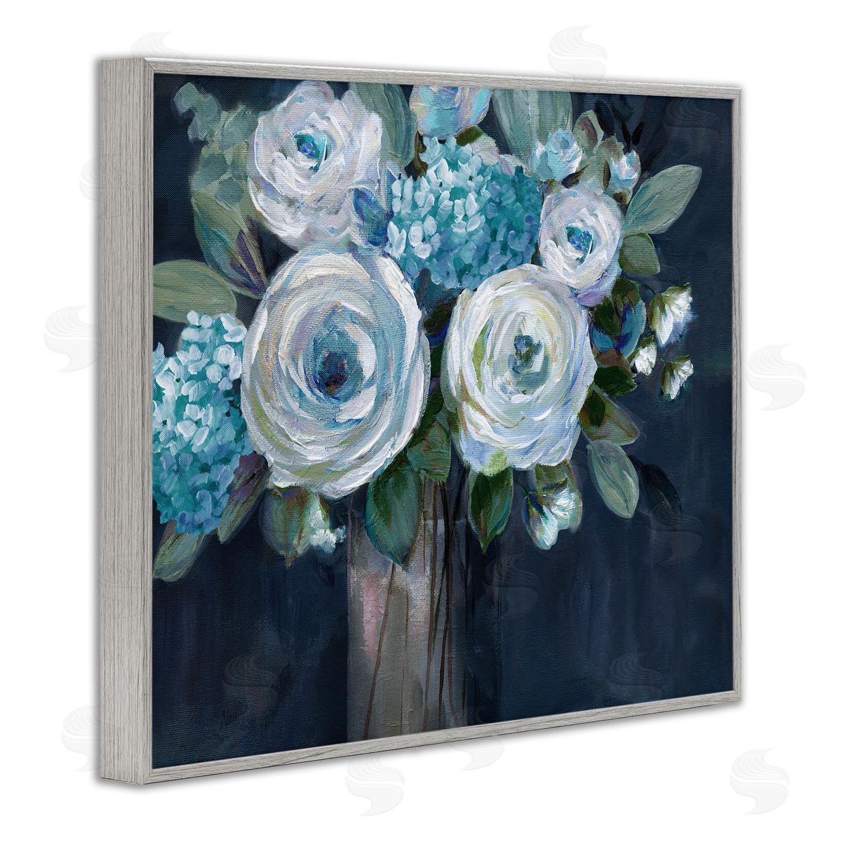 Nan Blue Mixed Bouquet Gray Framed Giclee Wall Art Print
