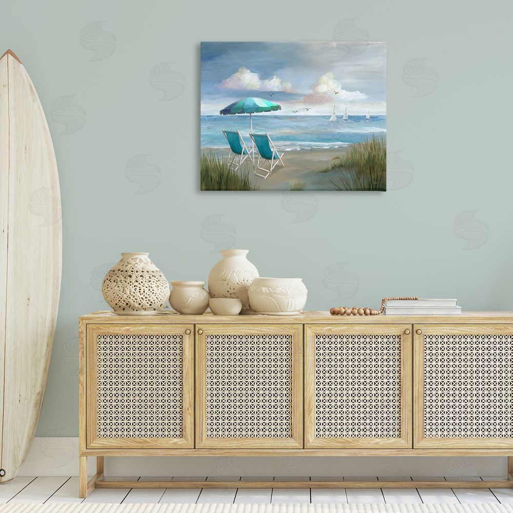 Nan Seagulls over Calm Beach Canvas Wall Art Print in Room