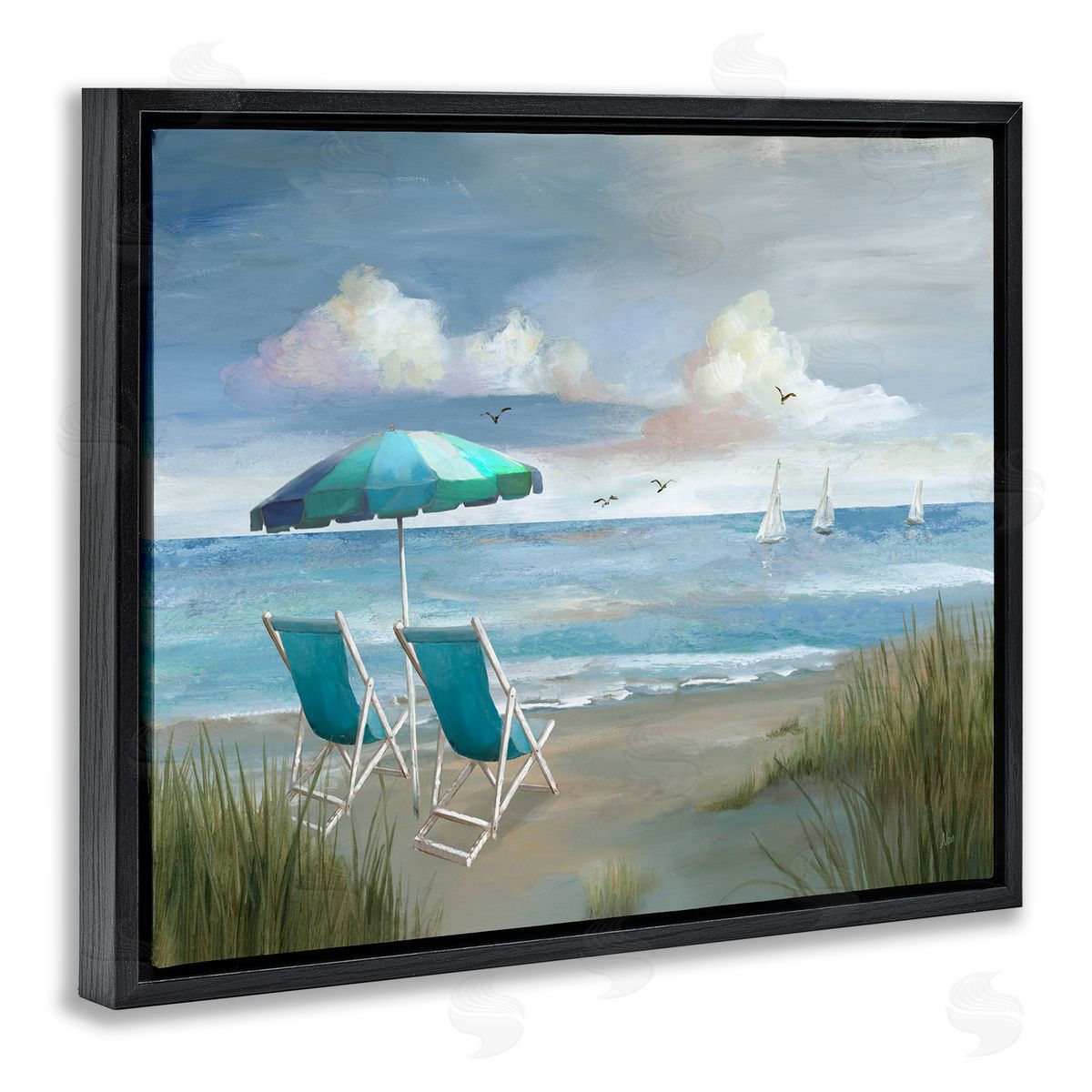 Nan Seagulls over Calm Beach Black Floating Frame Canvas Wall Art Print