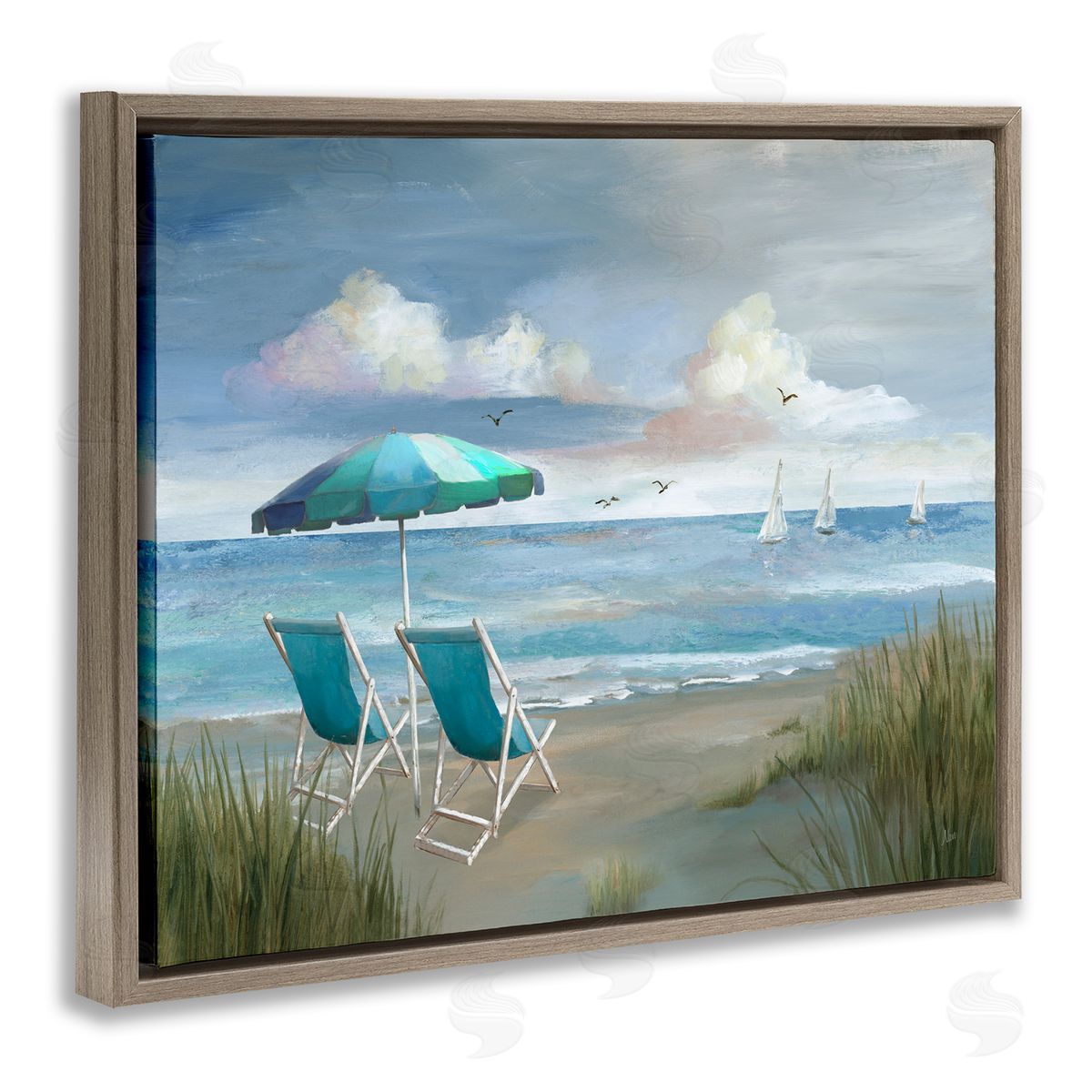 Nan Seagulls over Calm Beach Brown Floating Frame Canvas Wall Art Print