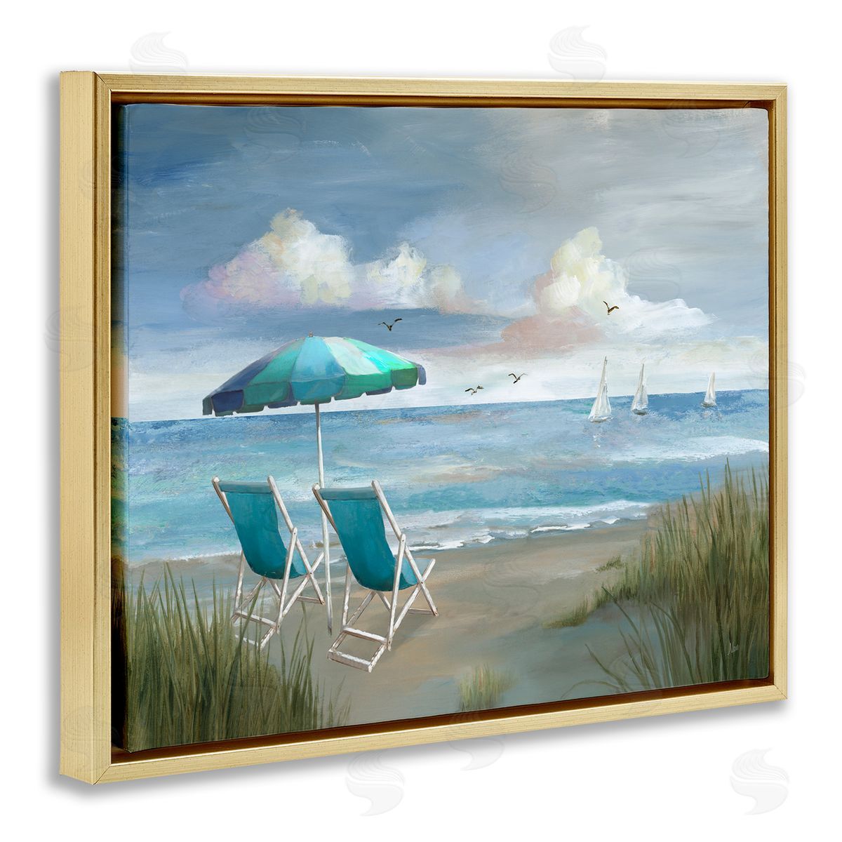 Nan Seagulls over Calm Beach Gold Floating Frame Canvas Wall Art Print