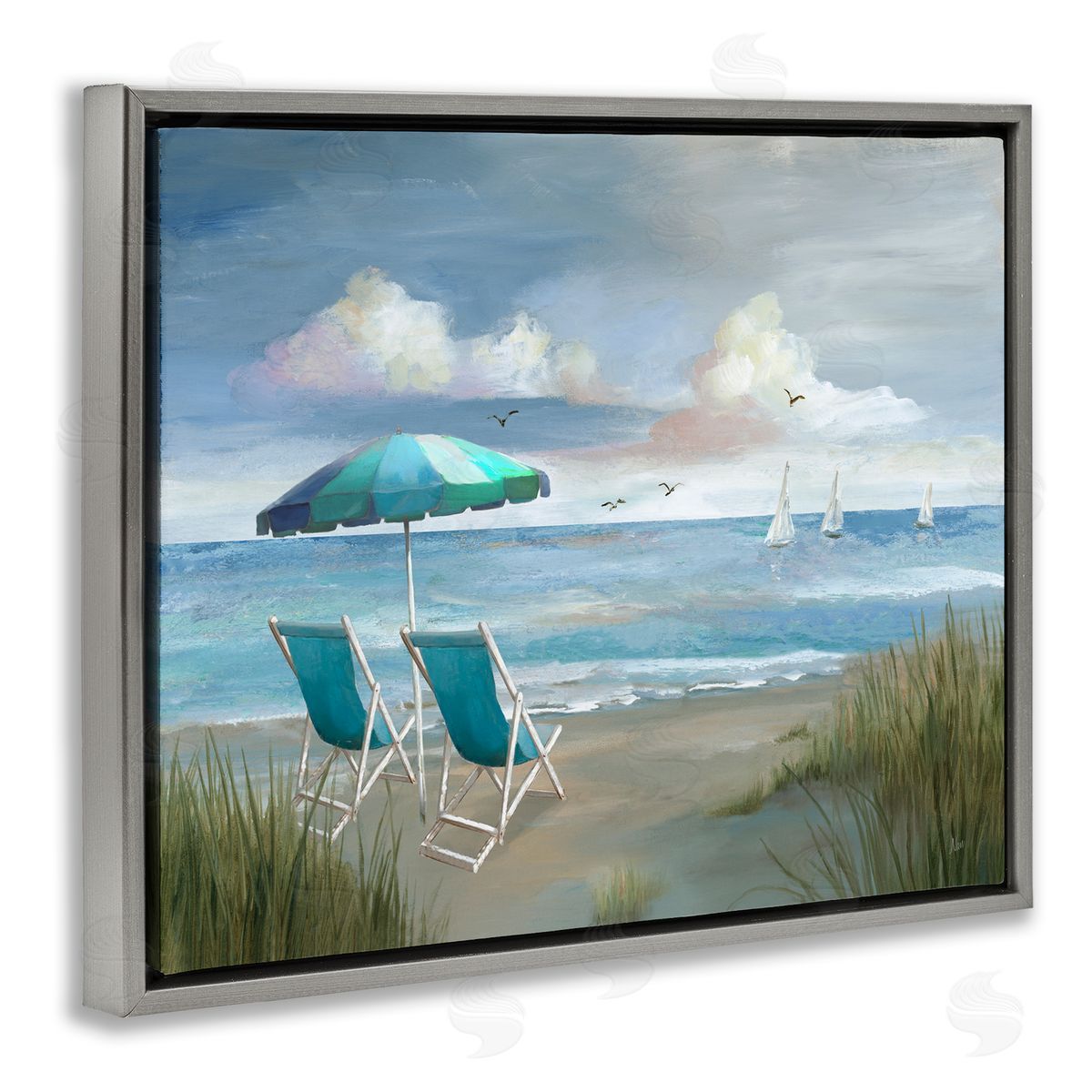 Nan Seagulls over Calm Beach Gray Floating Frame Canvas Wall Art Print