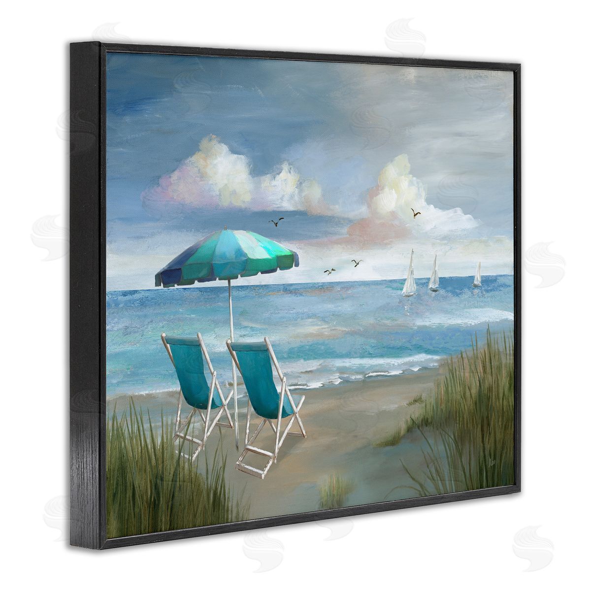 Nan Seagulls over Calm Beach Black Framed Giclee Wall Art Print