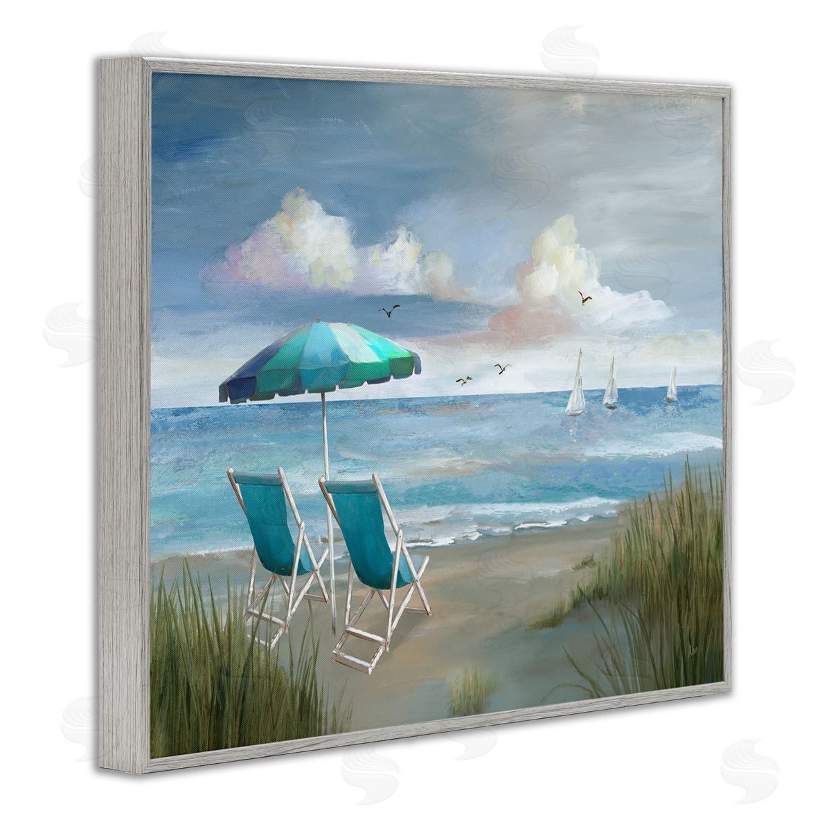 Nan Seagulls over Calm Beach Gray Framed Giclee Wall Art Print