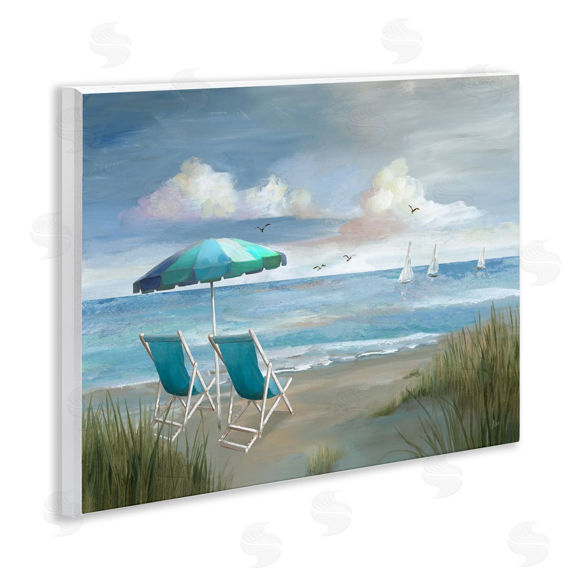 Nan Seagulls over Calm Beach Wooden Wall Plaque Art Print