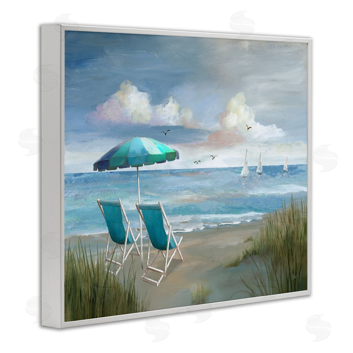 Nan Seagulls over Calm Beach White Framed Giclee Wall Art Print