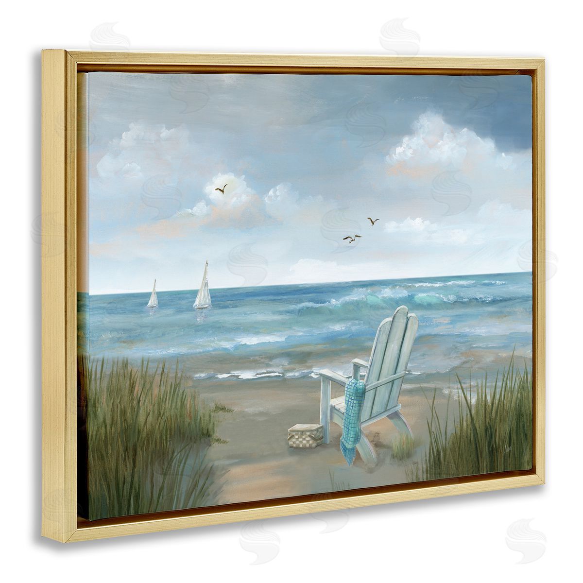 Nan Soothing Beach Scenery Gold Floating Frame Canvas Wall Art Print