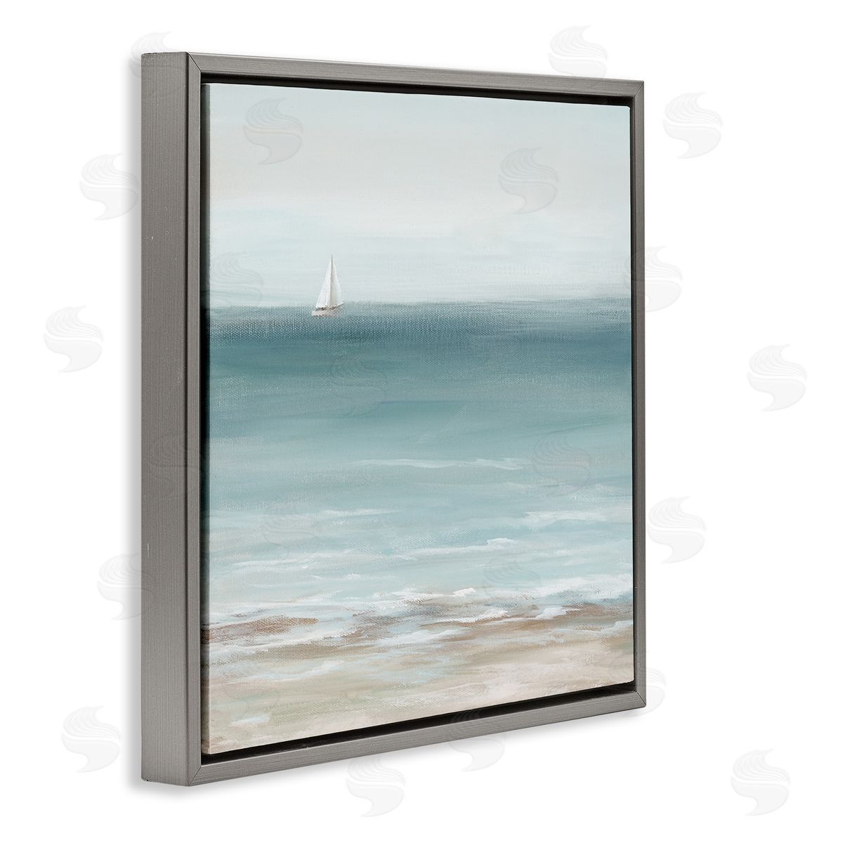 Nan Faraway Boat on Ocean Gray Floating Frame Canvas Wall Art Print