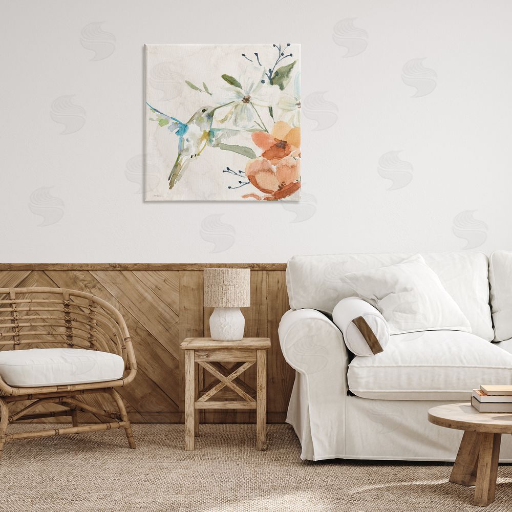 Carol Robinson Soft Florals & Hummingbird Canvas Wall Art Print in Room