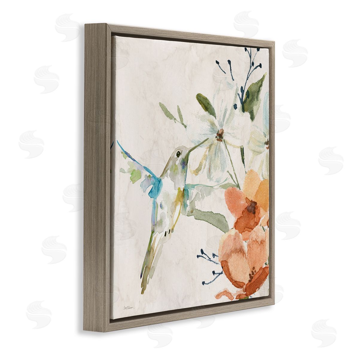 Carol Robinson Soft Florals & Hummingbird Brown Floating Frame Canvas Wall Art Print