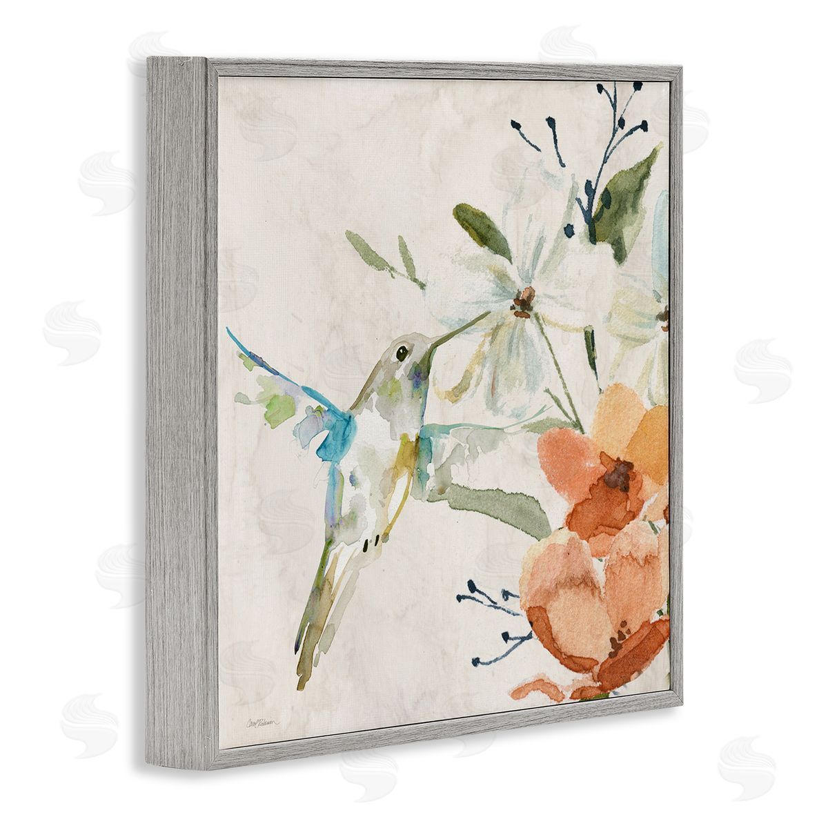 Carol Robinson Soft Florals & Hummingbird Gray Framed Giclee Wall Art Print