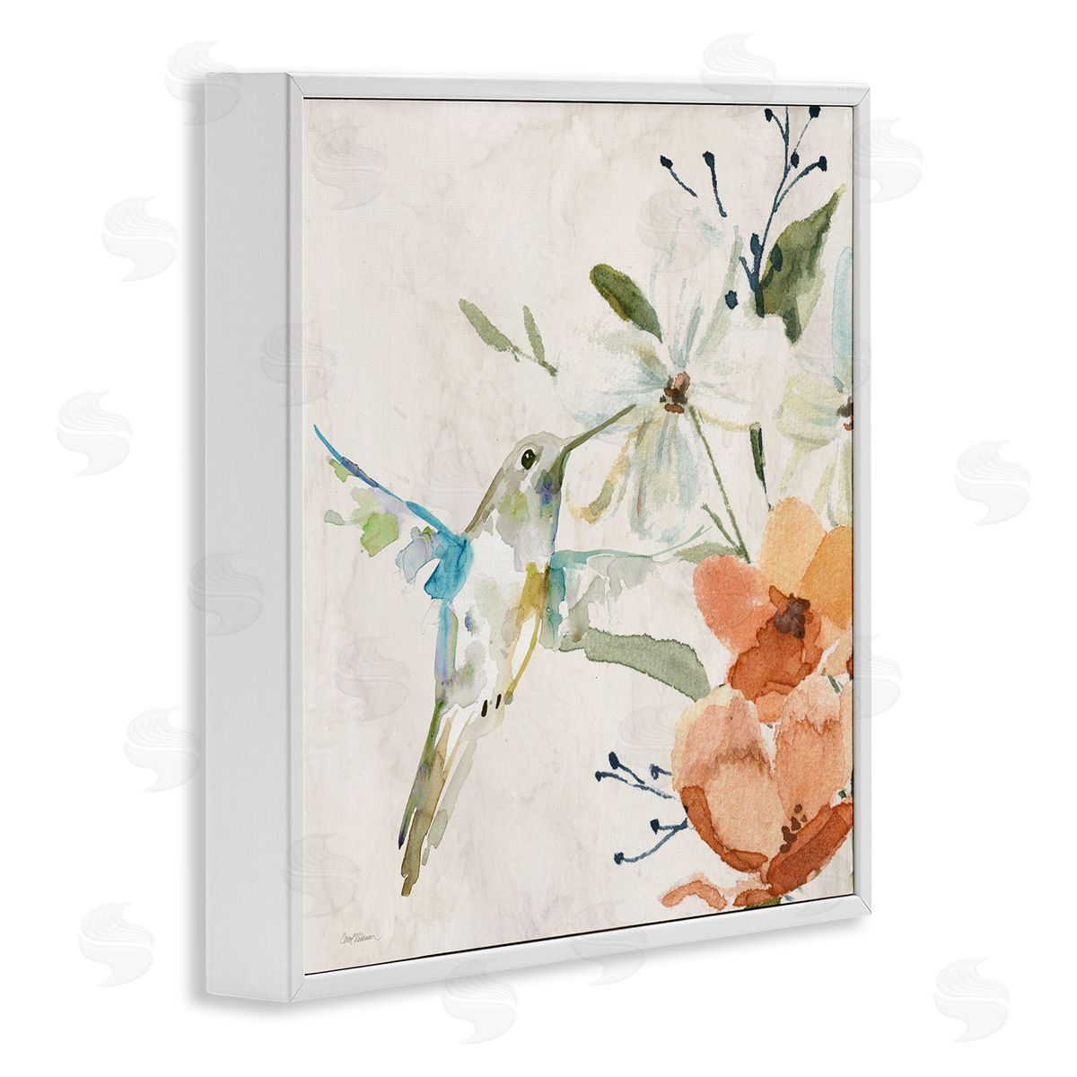 Carol Robinson Soft Florals & Hummingbird White Framed Giclee Wall Art Print