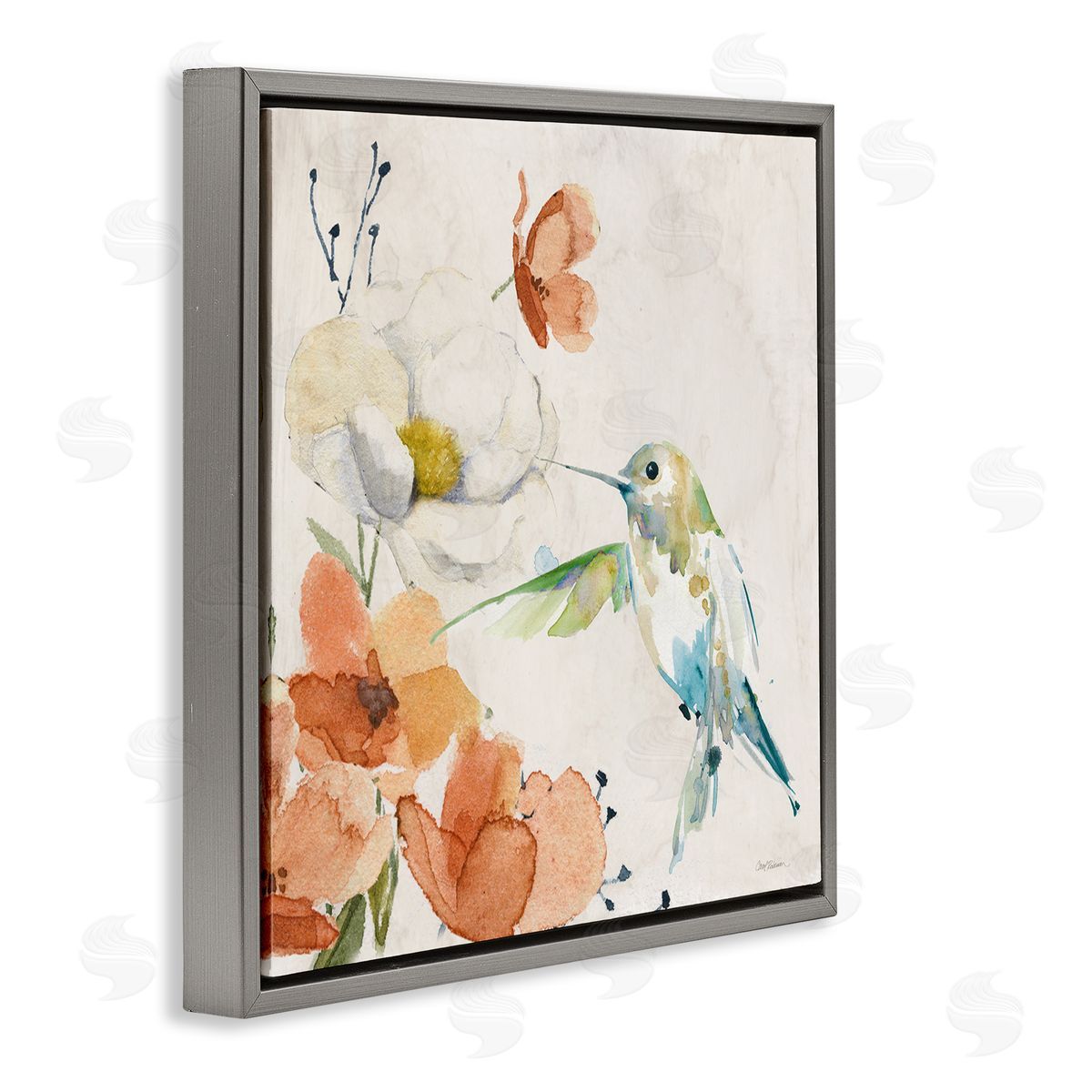 Carol Robinson Cottage Flowers & Bird Gray Floating Frame Canvas Wall Art Print